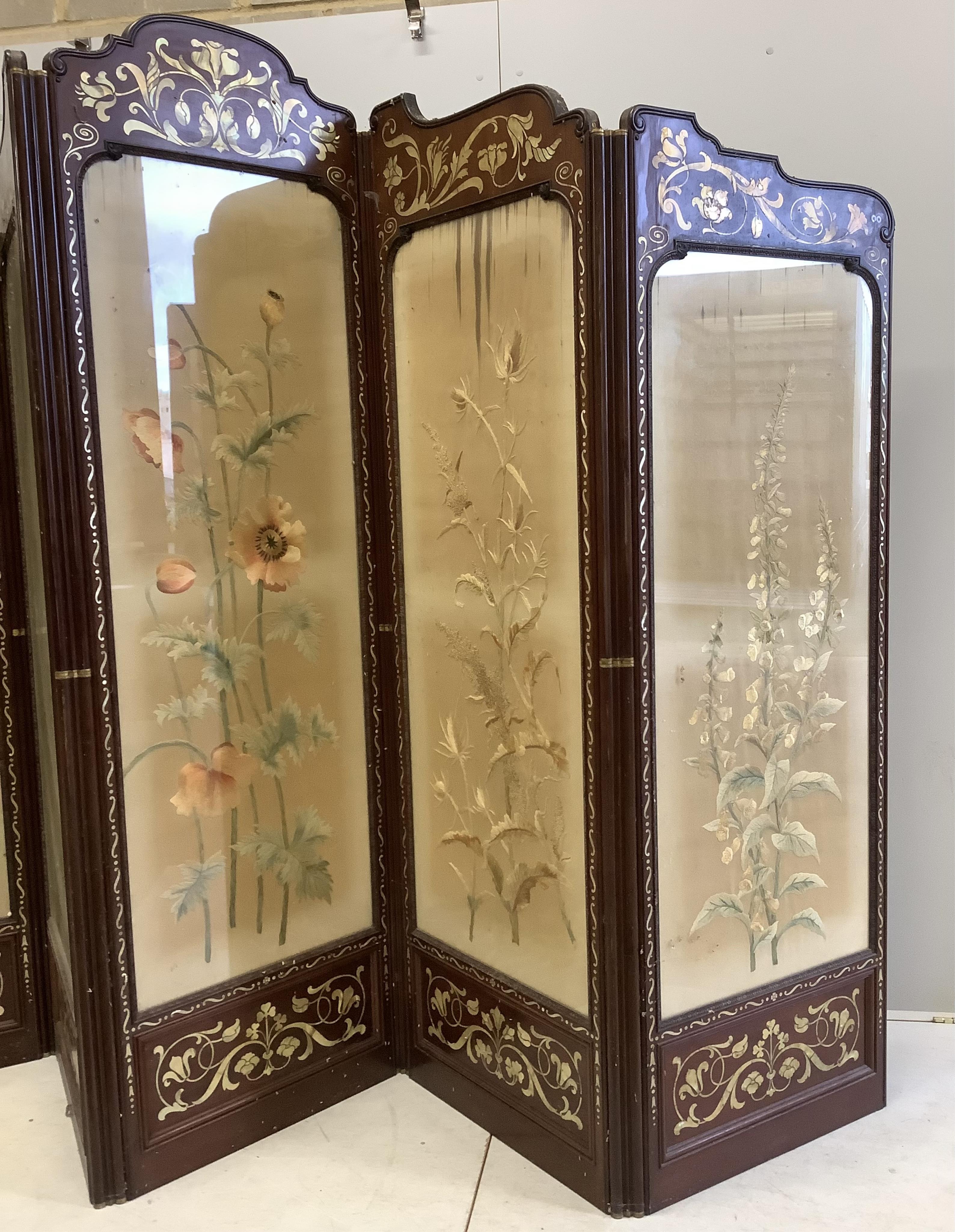 An Art Nouveau mother of pearl inlaid five fold screen, inset silk thread embroidered panels, largest panel width 64cm, height 213cm. Condition - fair to good, one panel poor